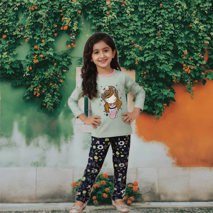 Green Doll Print Kids Wear